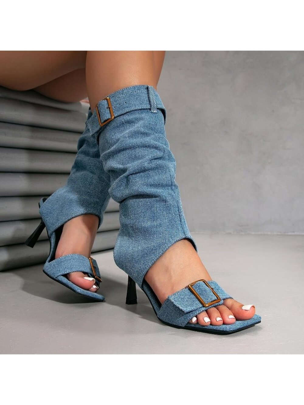 Women's Blue Faux Suede Belt Buckle Vintage Square Open Toe Slingback Low Heels - Picture 3 of 7